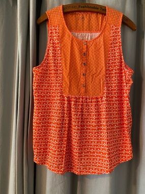 LOFT Orange Printed Sleeveless Button-Front Tank, Women’s Size Large